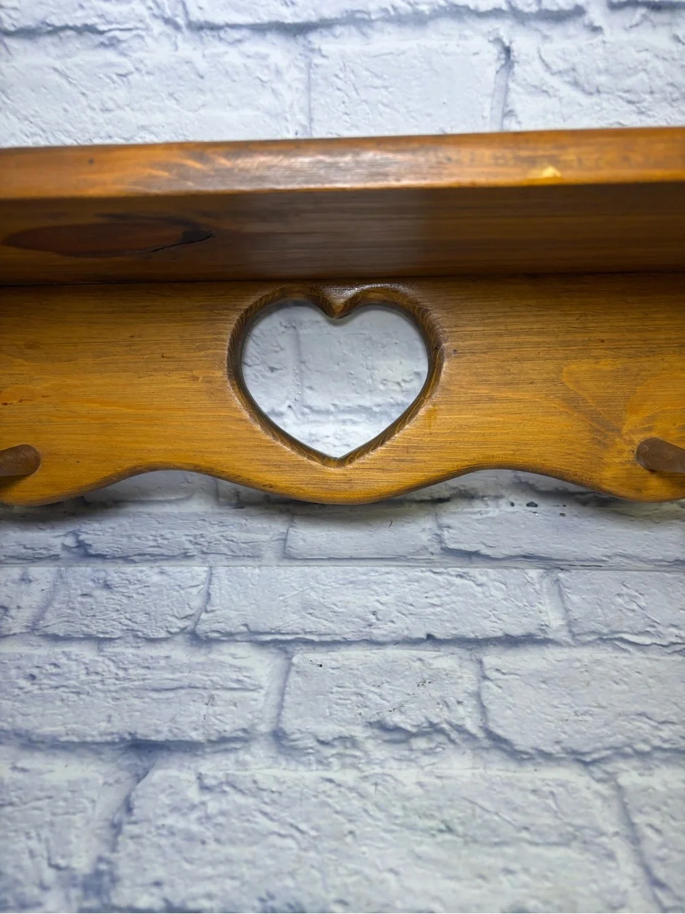 Vtg Handmade Wooden Heart Cutout Wall Shelf Cottage W/2 Pegs 28” Brown Farmhouse
